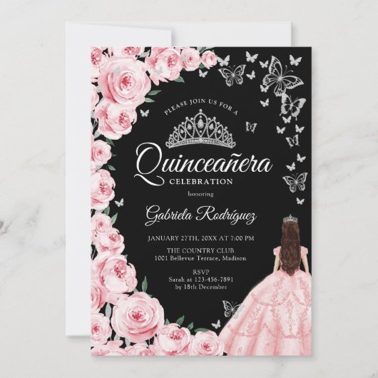 Zwart Roze Zilver Bloemen Vlinders Quinceanera Kaart (Voorkant)