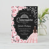 Zwart Roze Zilver Bloemen Vlinders Quinceanera Kaart (Staand voorkant)