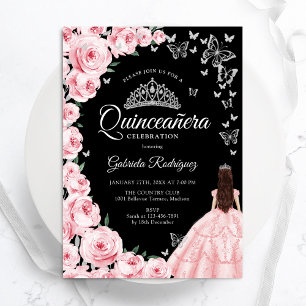 Zwart Roze Zilver Bloemen Vlinders Quinceanera Kaart