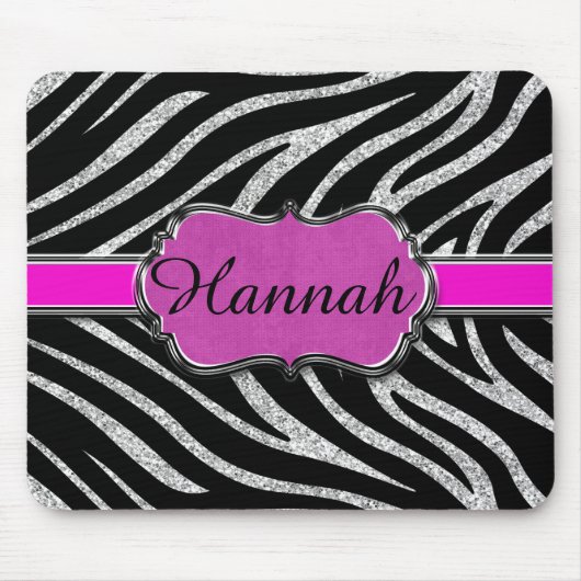 Zwart roze zilver Glitter-Zebra gepersonaliseerd Muismat (Voorkant)