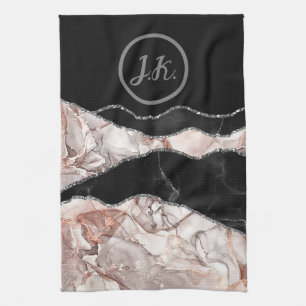 Zwart Roze Zilver Initialen Marmeren Agaat Glam Theedoek