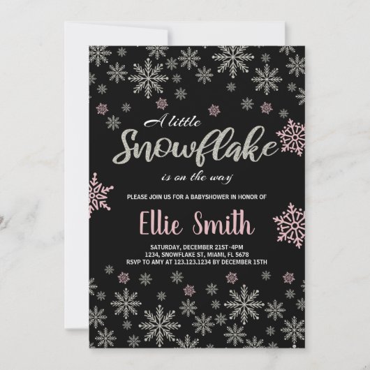 Zwart Roze Zilver Winter Baby Douche Uitnodigingen (Voorkant)