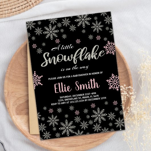Zwart Roze Zilver Winter Baby Douche Uitnodigingen