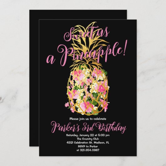 Zwart Roze Zoet Een Ananas Verjaardagsfeest Kaart (Voorkant / Achterkant)