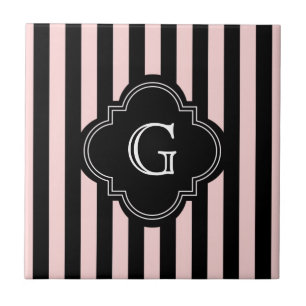 Zwart roze zwart Stripe Patroonmonogram Tegeltje
