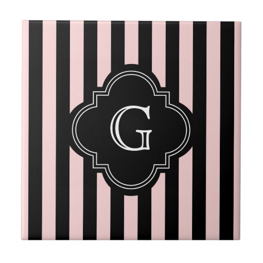 Zwart roze zwart Stripe Patroonmonogram Tegeltje (Voorkant)