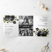 Zwart Rozen Bloemen Foto Collage Wit Bruiloft Drieluik Uitnodiging (Binnen)