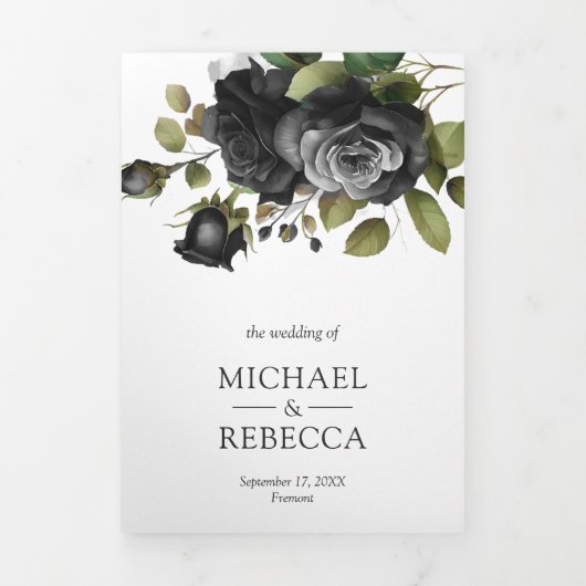 Zwart Rozen Bloemen Foto Collage Wit Bruiloft Drieluik Uitnodiging (Cover)