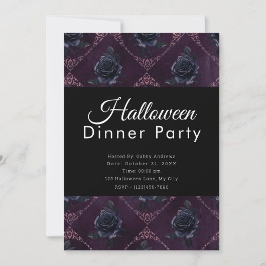 Zwart Rozen Donker Paarse Halloween Diner Party Kaart (Voorkant)