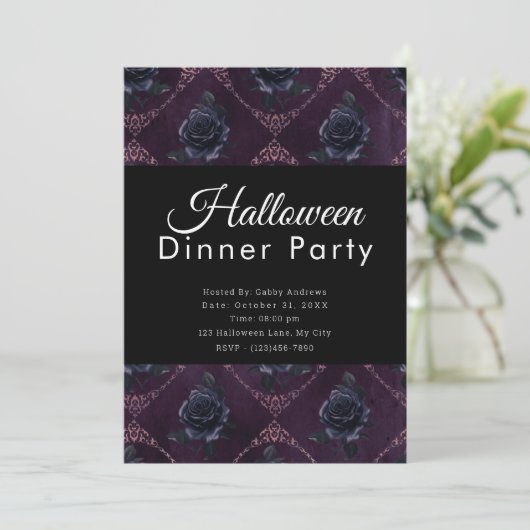 Zwart Rozen Donker Paarse Halloween Diner Party Kaart (Staand voorkant)