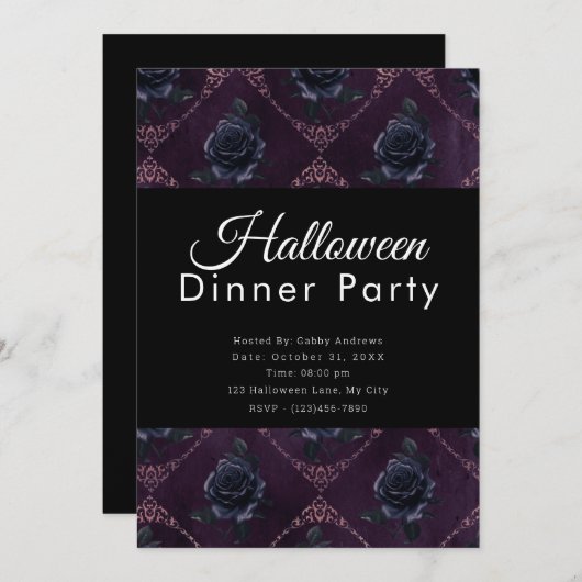 Zwart Rozen Donker Paarse Halloween Diner Party Kaart (Voorkant / Achterkant)