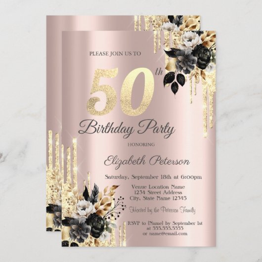 Zwart Rozen Glitter Drips Roos Gold 50ste Verjaard Kaart (Voorkant / Achterkant)