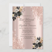 Zwart Rozen Glitter Drips Roos Gouden Bar Mitzvah Kaart (Voorkant)