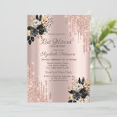 Zwart Rozen Glitter Drips Roos Gouden Bar Mitzvah Kaart (Staand voorkant)