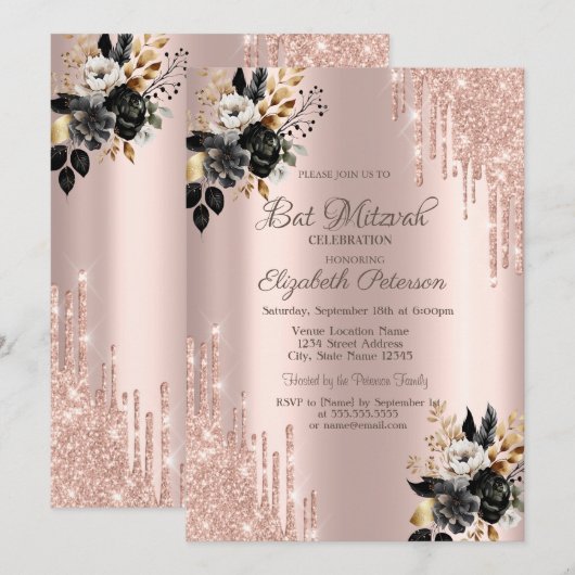 Zwart Rozen Glitter Drips Roos Gouden Bar Mitzvah Kaart (Voorkant / Achterkant)