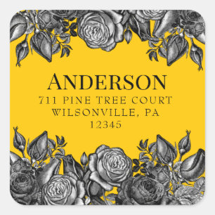 Zwart Rozen Goldenrod Square retouradres Vierkante Sticker
