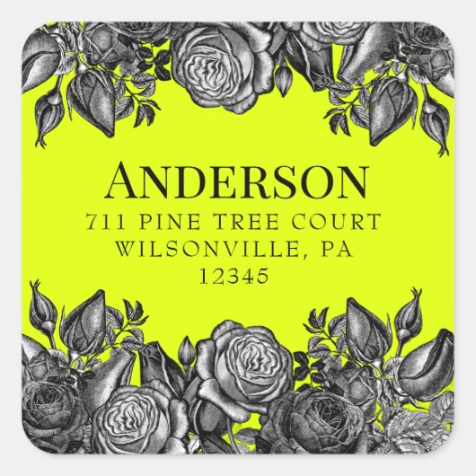 Zwart Rozen Lime Groen Bruiloft Retouradres Vierkante Sticker (Voorkant)