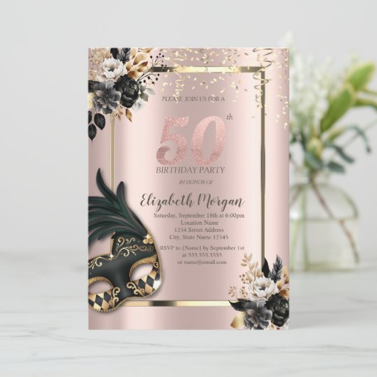 Zwart Rozen Masque Confetti Roos Gold 50th Kaart (Staand voorkant)