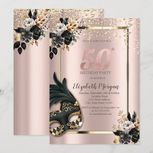 Zwart Rozen Masque Confetti Roos Gold 50th Kaart (Voorkant / Achterkant)