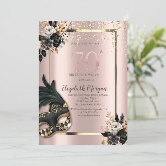 Zwart Rozen Masque Confetti Roos Gold 70th Kaart (Staand voorkant)