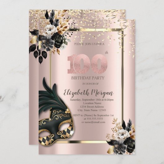 Zwart Rozen Masque Confetti Roos Goud 100th Kaart (Voorkant / Achterkant)