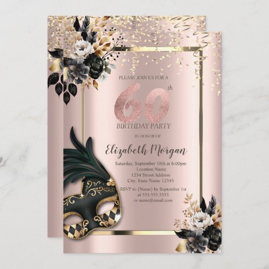 Zwart Rozen Masque Confetti Roos Goud 60e Kaart (Voorkant / Achterkant)