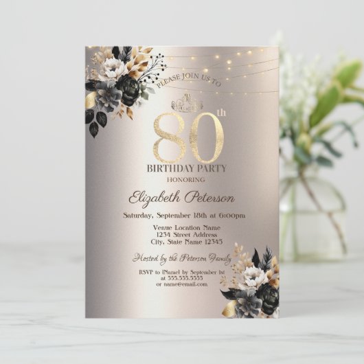 Zwart Rozen String Licht Ivoor 80ste Verjaardag Kaart (Staand voorkant)