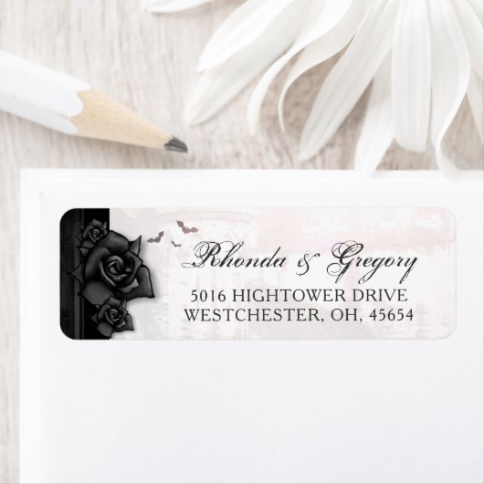 Zwart Rozen Vleermuizen Gotische Halloween Trouwad Etiket (Insitu)