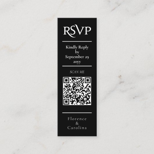Zwart RSVP QR Code Bruiloft Budget Behuizing Kaart Mini Visitekaartje (Voorkant)