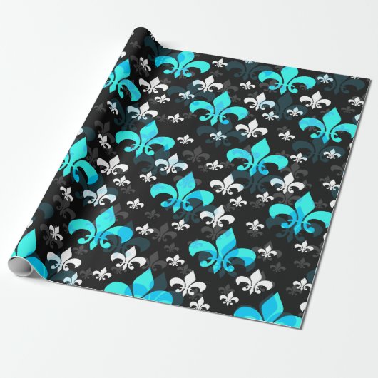 Zwart Rug Blauw Wit Fleur De Lis Cadeaupapier (Uitgerold)