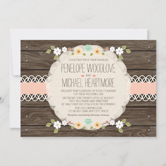 ZWART RUSTIC FLORAL BOHO WEDDING INVITATIONS KAART (Voorkant)