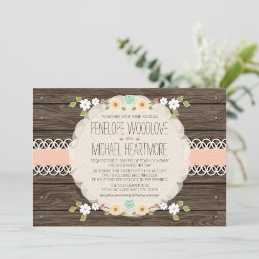 ZWART RUSTIC FLORAL BOHO WEDDING INVITATIONS KAART (Staand voorkant)