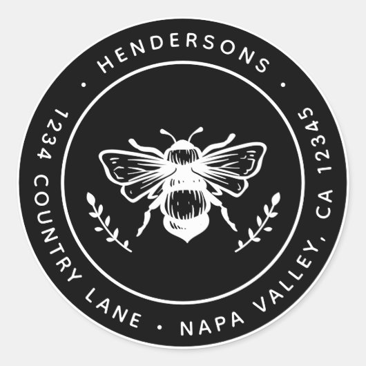 Zwart Rustiek Bumblebee Rond Retouradres Ronde Sticker (Voorkant)
