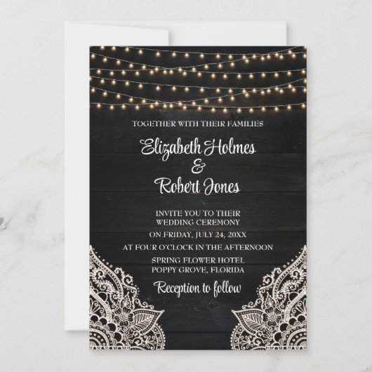 Zwart rustiek houten bruiloft uitnodiging (Voorkant)