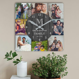 Zwart Rustiek Houten Familiemonogram met 8 Foto's Vierkante Klok