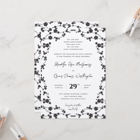 Zwart Sakura Cherry Blossoms Stijlvolle Aziatische Kaart (Voorkant / Achterkant in situ)