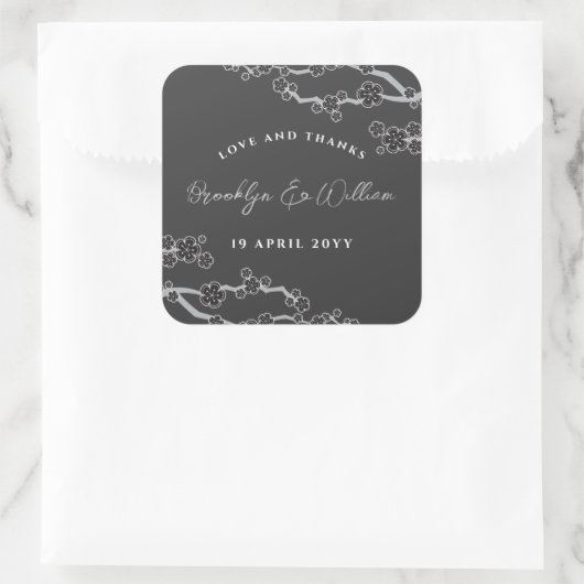 Zwart Sakura Cherry Blossoms Stijlvolle Aziatische Vierkante Sticker (Tas)