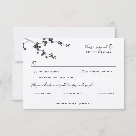 Zwart Sakura Kersenbloesem Elegante Aziatische Bru RSVP Kaartje (Voorkant)