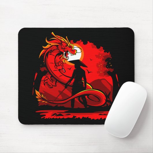 Zwart Samurai Red Dragon Japans stijlkunstwerk | Muismat (Met muis)