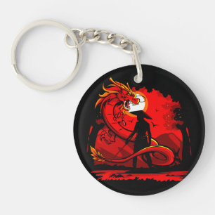 Zwart Samurai Red Dragon Japans stijlkunstwerk   Sleutelhanger