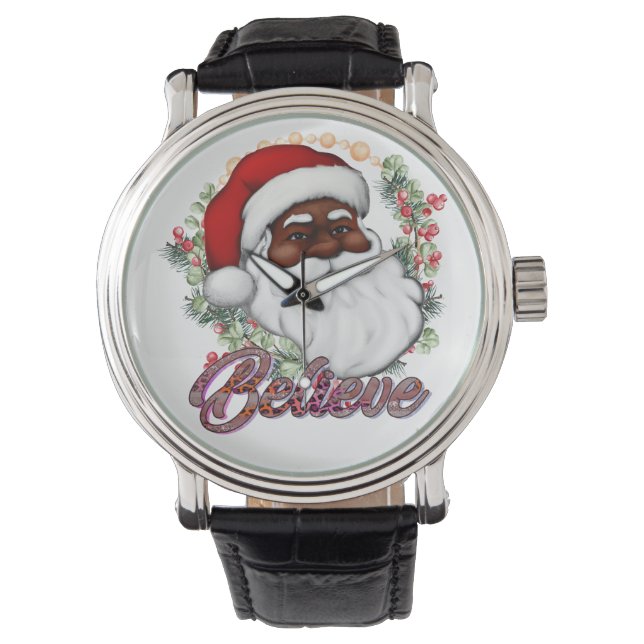 Zwart Santa Geloof Melanine Man Kerstmis Cheer Horloge (Voorkant)