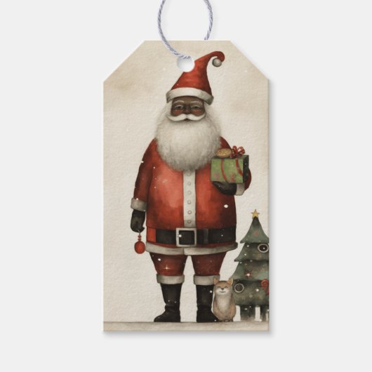 Zwart Santa Gift, Kat, Sneeuwbomen Cadeaulabel (Voorkant)