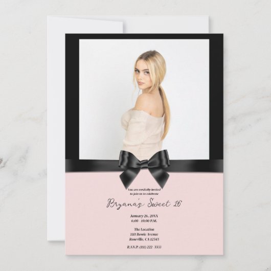 Zwart Satin Ribbon Bow Blush Pink Foto Sweet 16 Kaart (Voorkant)