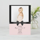 Zwart Satin Ribbon Bow Blush Pink Foto Sweet 16 Kaart (Staand voorkant)