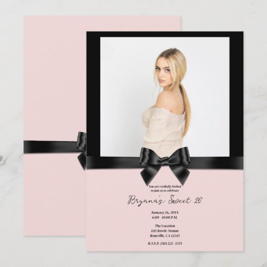 Zwart Satin Ribbon Bow Blush Pink Foto Sweet 16 Kaart (Voorkant / Achterkant)