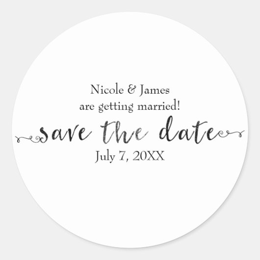 Zwart Save the Date Script op maat gemaakt Ronde Sticker (Voorkant)