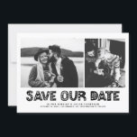 Zwart Scandinavische typografie fotocollage Save The Date<br><div class="desc">Zwart-wit Scandinavische Typografie Fotocollage Save the Date Kaart | Kondig uw huwelijksdatum aan familie en vrienden met deze klantgerichte foto aan bewaar de datumkaart. Het is voorzien van zwarte Scandinavische typografie en streeppatroon. Gepersonaliseerd door twee van je favoriete foto's te laten zien. U kunt de achterkant verder personaliseren door extra...</div>