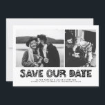 Zwart Scandinavische typografie fotocollage Save The Date<br><div class="desc">Zwart-wit Scandinavische Typografie Fotocollage Save the Date Kaart | Kondig uw huwelijksdatum aan familie en vrienden met deze klantgerichte foto aan bewaar de datumkaart. Het is voorzien van zwarte Scandinavische typografie en streeppatroon. Gepersonaliseerd door twee van je favoriete foto's te laten zien. U kunt de achterkant verder personaliseren door extra...</div>