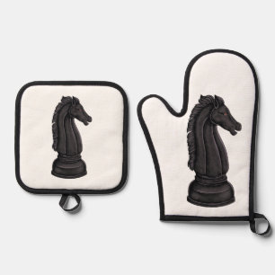 zwart schaakstuk ovenwant & pannenlap set