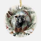 Zwart schapendier boerderij kerst pinecone krans keramisch ornament (Voorkant)